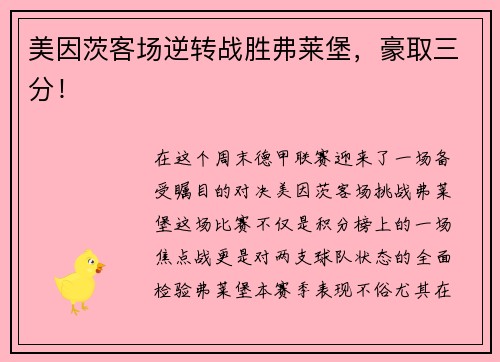 美因茨客场逆转战胜弗莱堡，豪取三分！